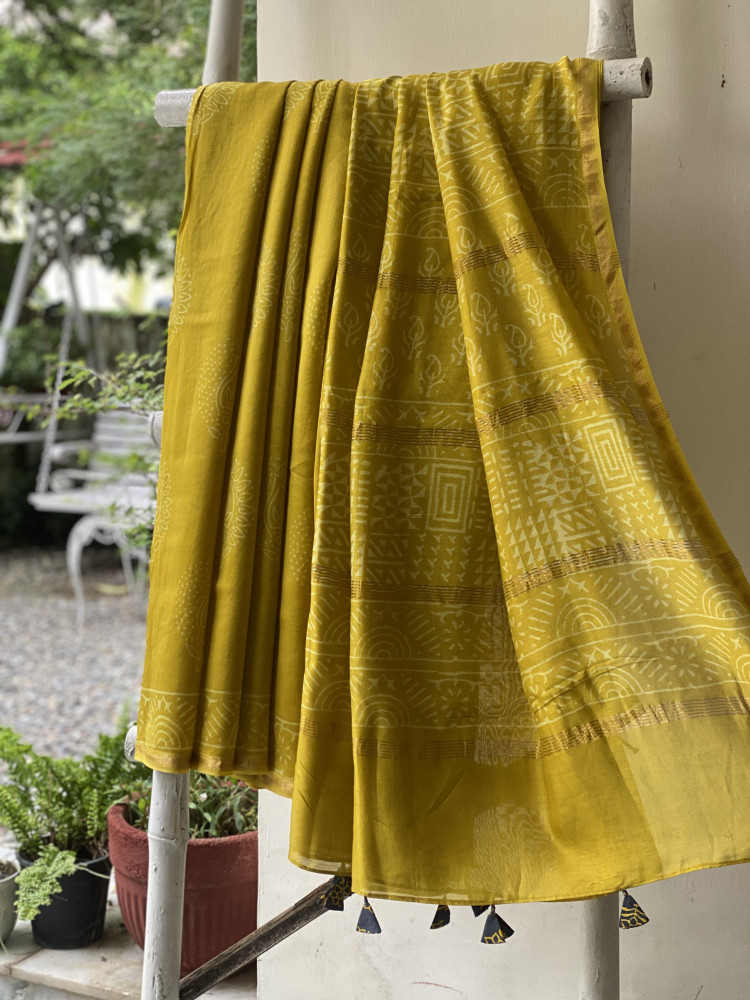Image of YELLOW HAND BLOCK PRINT CHANDERI SILK COTTON SARI
