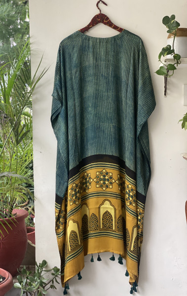 BOTTLE GREEN AJRAKH HAND BLOCK MODAL SILK KAFTAN