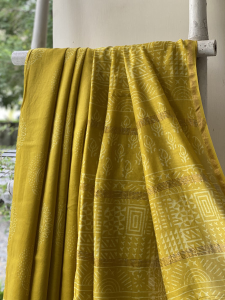 YELLOW HAND BLOCK PRINT CHANDERI SILK COTTON SARI