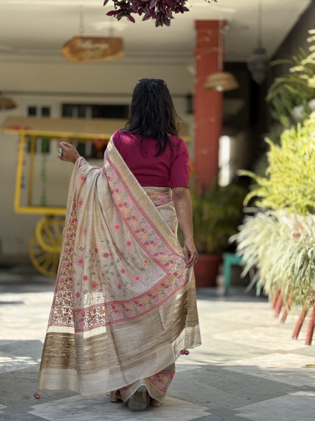 OFF WHITE WOVEN SILK EMBROIDERED SARI