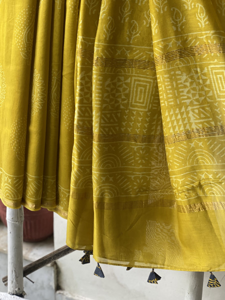 YELLOW HAND BLOCK PRINT CHANDERI SILK COTTON SARI