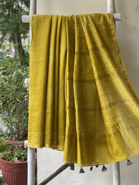YELLOW HAND BLOCK PRINT CHANDERI SILK COTTON SARI