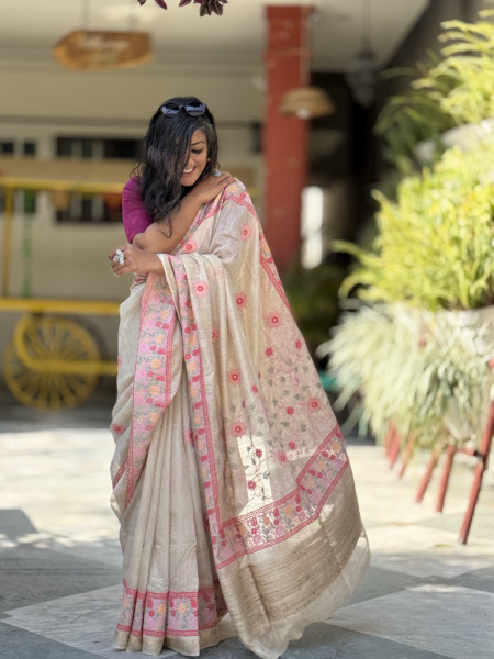 OFF WHITE WOVEN SILK EMBROIDERED SARI
