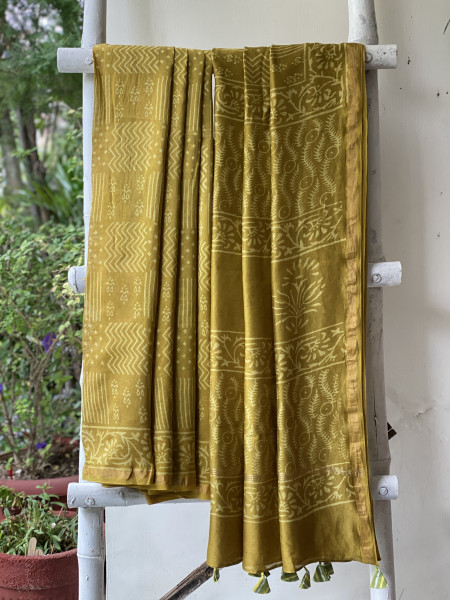 LIME HAND BLOCK PRINT CHANDERI SILK COTTON SARI