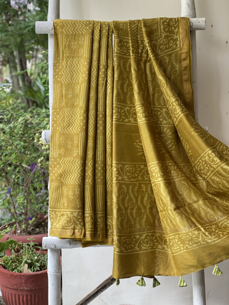 LIME HAND BLOCK PRINT CHANDERI SILK COTTON SARI