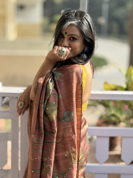 RUST PRINTED KANTHA EMBROIDERED GICHA TUSSAR SILK SARI