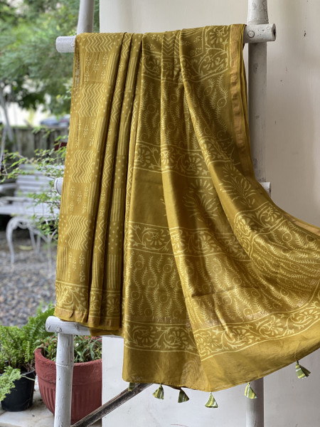 LIME HAND BLOCK PRINT CHANDERI SILK COTTON SARI