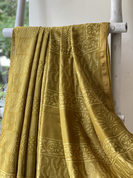 LIME HAND BLOCK PRINT CHANDERI SILK COTTON SARI