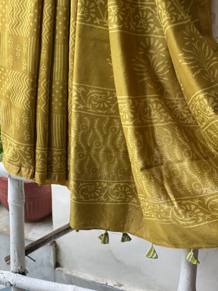 LIME HAND BLOCK PRINT CHANDERI SILK COTTON SARI