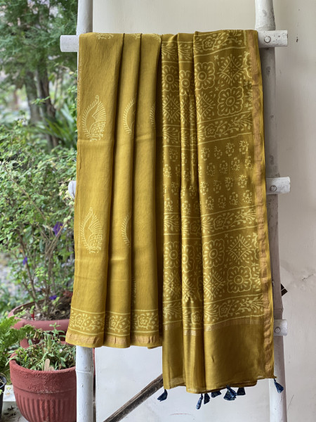 LIME HAND BLOCK PRINT CHANDERI SILK COTTON SARI