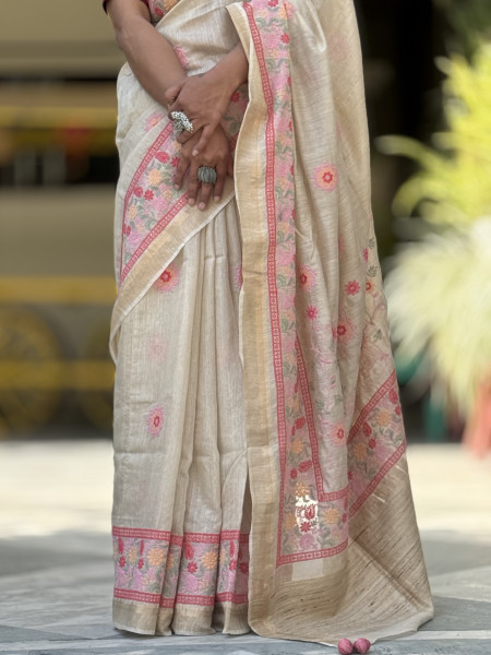 OFF WHITE WOVEN SILK EMBROIDERED SARI