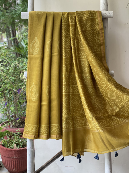 LIME HAND BLOCK PRINT CHANDERI SILK COTTON SARI