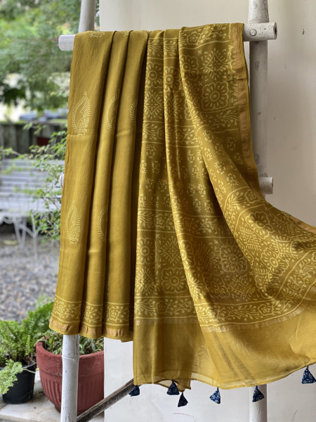 LIME HAND BLOCK PRINT CHANDERI SILK COTTON SARI