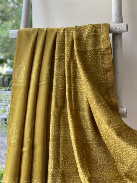LIME HAND BLOCK PRINT CHANDERI SILK COTTON SARI