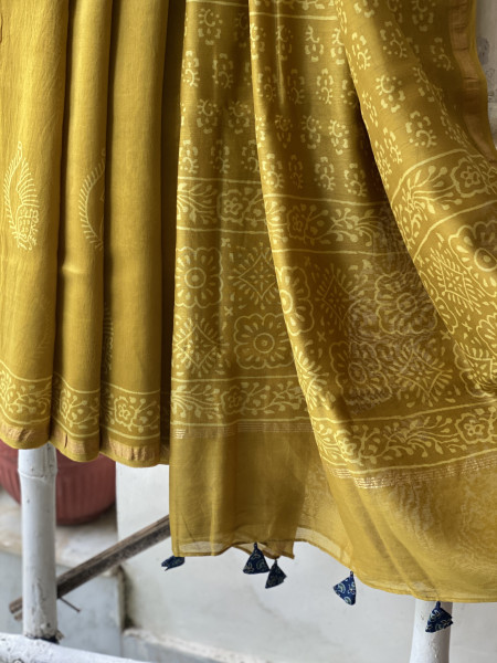 LIME HAND BLOCK PRINT CHANDERI SILK COTTON SARI