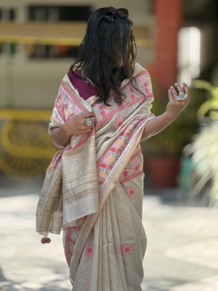 OFF WHITE WOVEN SILK EMBROIDERED SARI