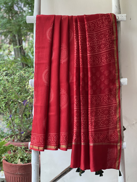 RED HAND BLOCK PRINT CHANDERI SILK COTTON SARI