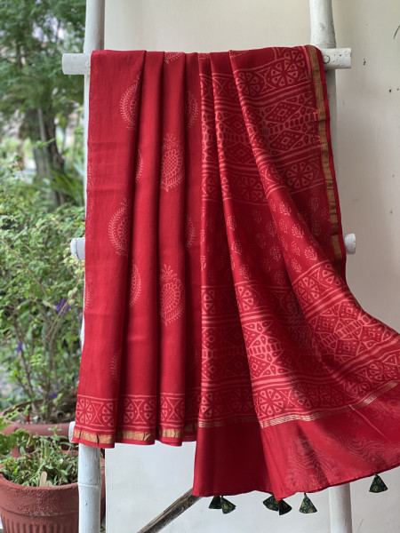 RED HAND BLOCK PRINT CHANDERI SILK COTTON SARI