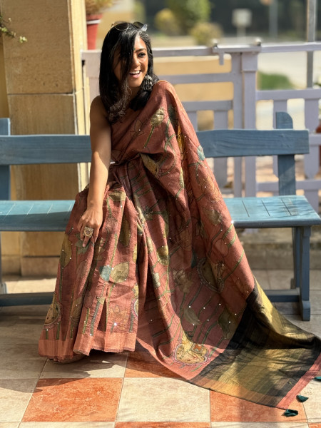 RUST PRINTED KANTHA EMBROIDERED GICHA TUSSAR SILK SARI