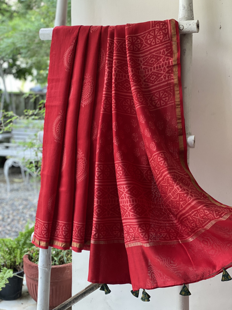 Image of RED HAND BLOCK PRINT CHANDERI SILK COTTON SARI