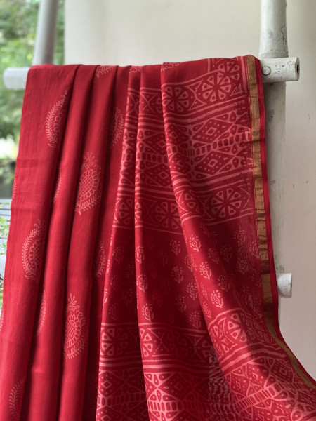 RED HAND BLOCK PRINT CHANDERI SILK COTTON SARI