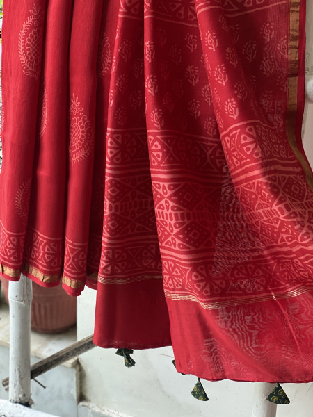RED HAND BLOCK PRINT CHANDERI SILK COTTON SARI