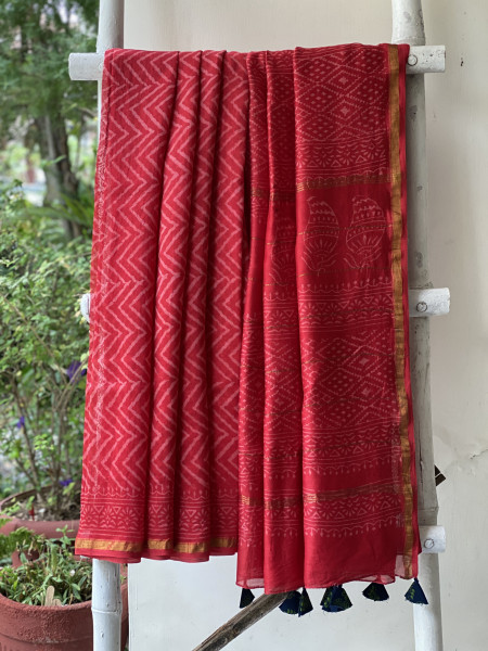RED HAND BLOCK PRINT CHANDERI SILK COTTON SARI