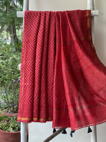 RED HAND BLOCK PRINT CHANDERI SILK COTTON SARI