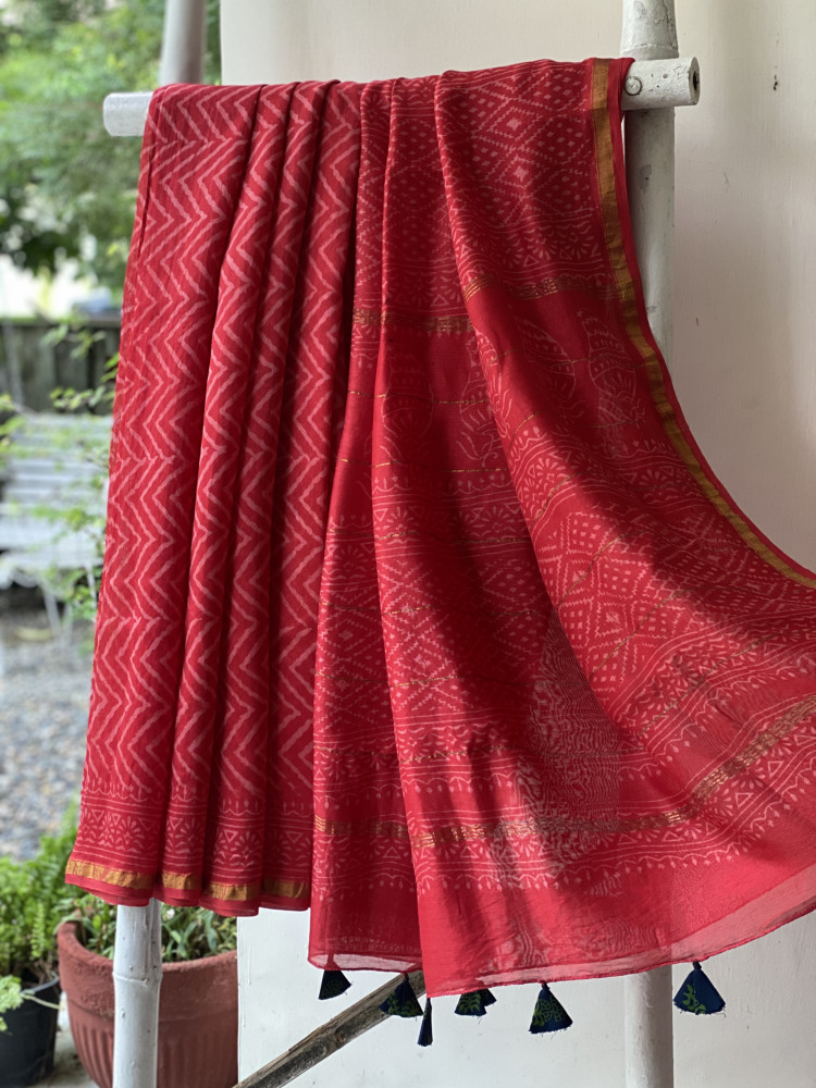 Image of RED HAND BLOCK PRINT CHANDERI SILK COTTON SARI
