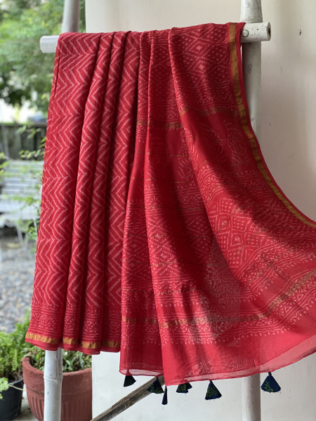 RED HAND BLOCK PRINT CHANDERI SILK COTTON SARI