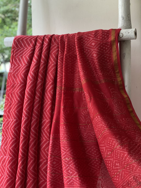 RED HAND BLOCK PRINT CHANDERI SILK COTTON SARI