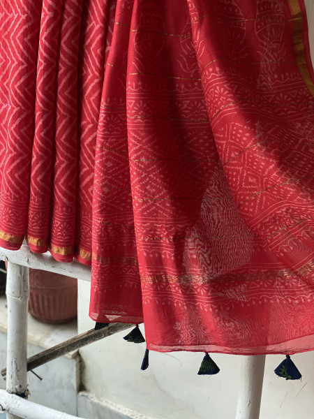RED HAND BLOCK PRINT CHANDERI SILK COTTON SARI