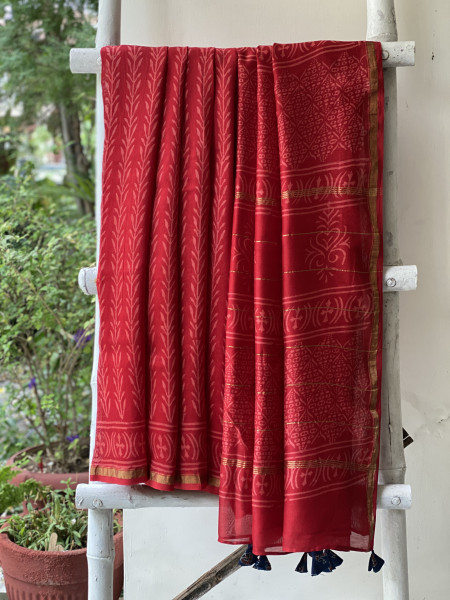 RED HAND BLOCK PRINT CHANDERI SILK COTTON SARI