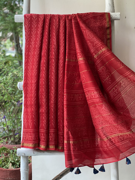 RED HAND BLOCK PRINT CHANDERI SILK COTTON SARI