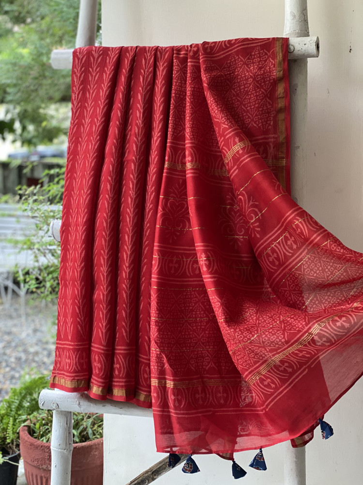 Image of RED HAND BLOCK PRINT CHANDERI SILK COTTON SARI