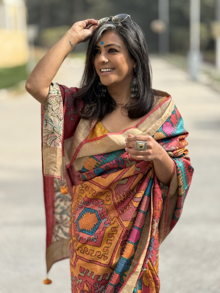 RED PRINTED KANTHA EMBROIDERED TUSSAR SILK SARI