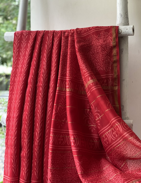 RED HAND BLOCK PRINT CHANDERI SILK COTTON SARI