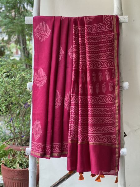 MAGENTA HAND BLOCK PRINT CHANDERI SILK COTTON SARI