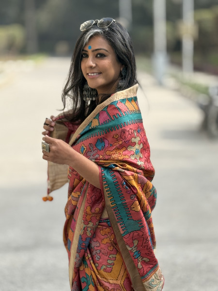 RED PRINTED KANTHA EMBROIDERED TUSSAR SILK SARI