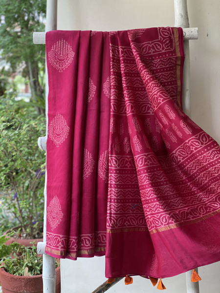 MAGENTA HAND BLOCK PRINT CHANDERI SILK COTTON SARI