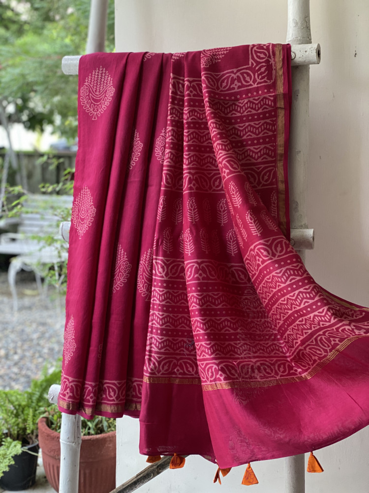 Image of MAGENTA HAND BLOCK PRINT CHANDERI SILK COTTON SARI