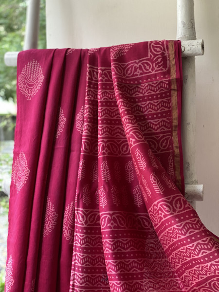 MAGENTA HAND BLOCK PRINT CHANDERI SILK COTTON SARI