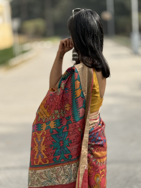 RED PRINTED KANTHA EMBROIDERED TUSSAR SILK SARI