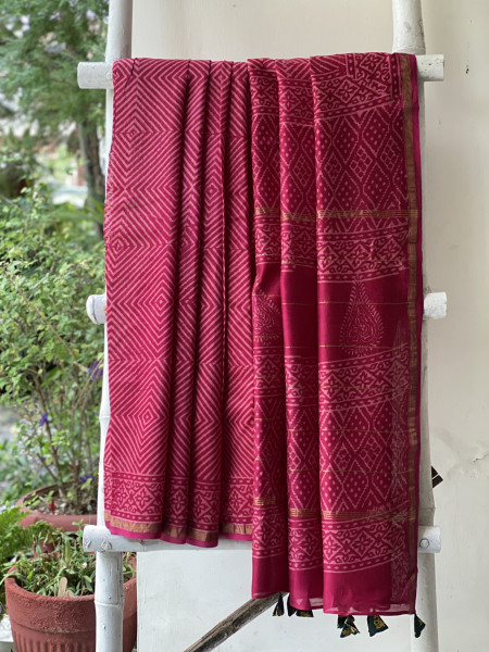 MAGENTA HAND BLOCK PRINT CHANDERI SILK COTTON SARI