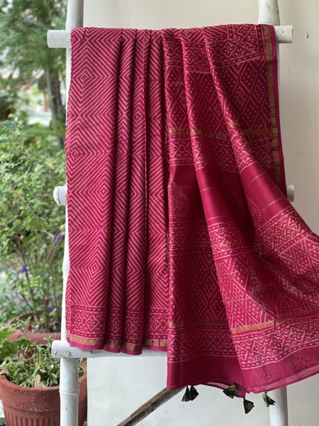 MAGENTA HAND BLOCK PRINT CHANDERI SILK COTTON SARI
