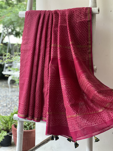 MAGENTA HAND BLOCK PRINT CHANDERI SILK COTTON SARI