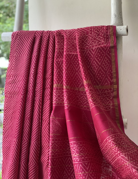 MAGENTA HAND BLOCK PRINT CHANDERI SILK COTTON SARI