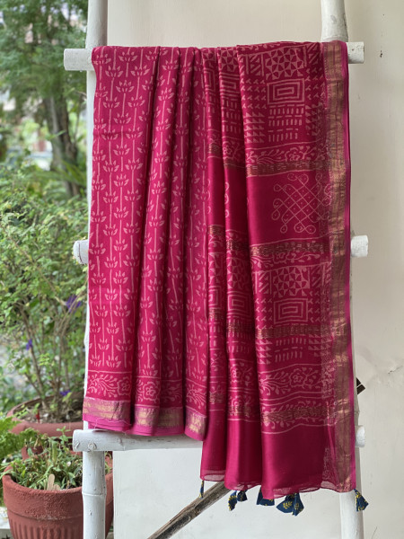 MAGENTA HAND BLOCK PRINT CHANDERI SILK COTTON SARI