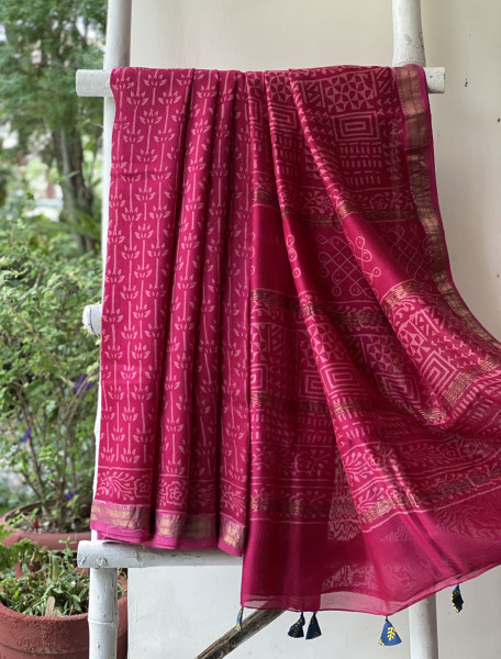 MAGENTA HAND BLOCK PRINT CHANDERI SILK COTTON SARI