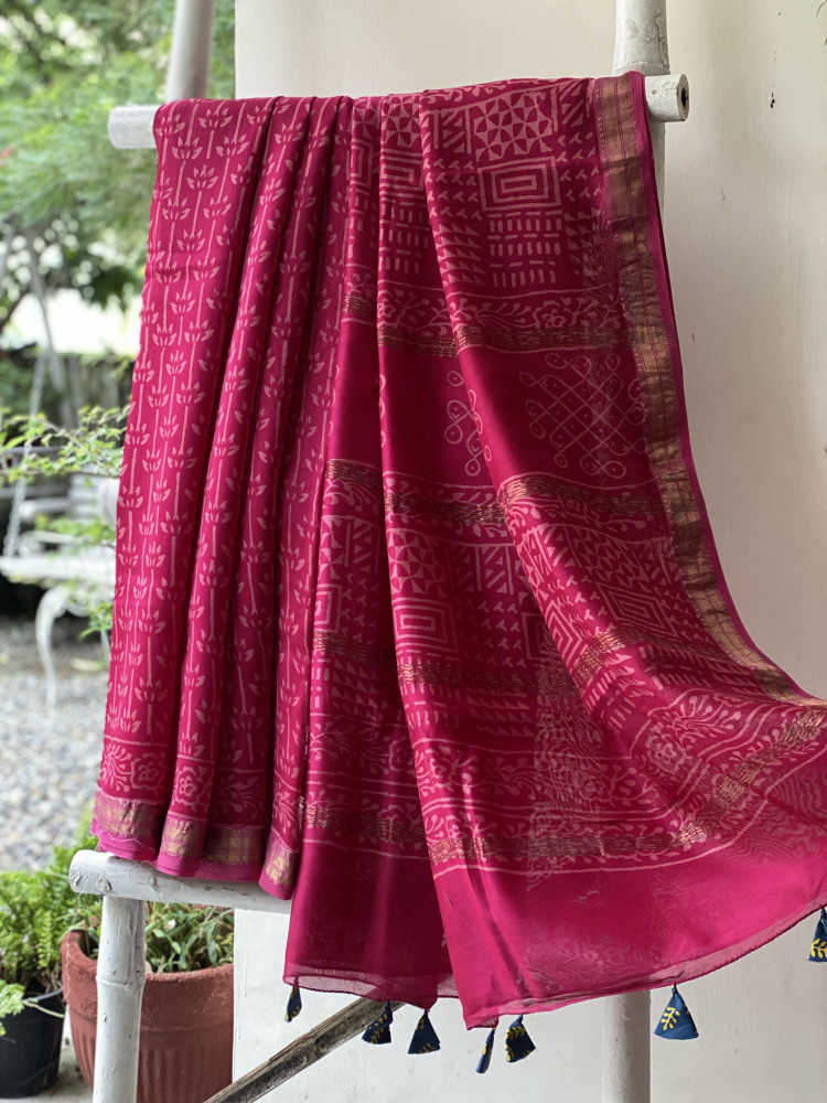Image of MAGENTA HAND BLOCK PRINT CHANDERI SILK COTTON SARI